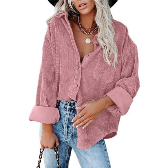 Corduroy Casual Oversized Button Down Shacket Long Sleeve - Picture 1 of 7